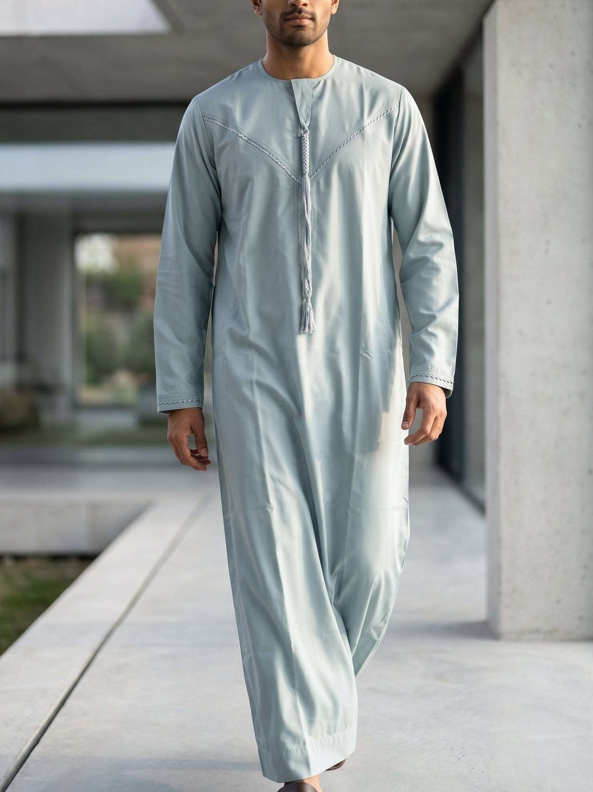 Ice blue Emirati thobe for men, full front view