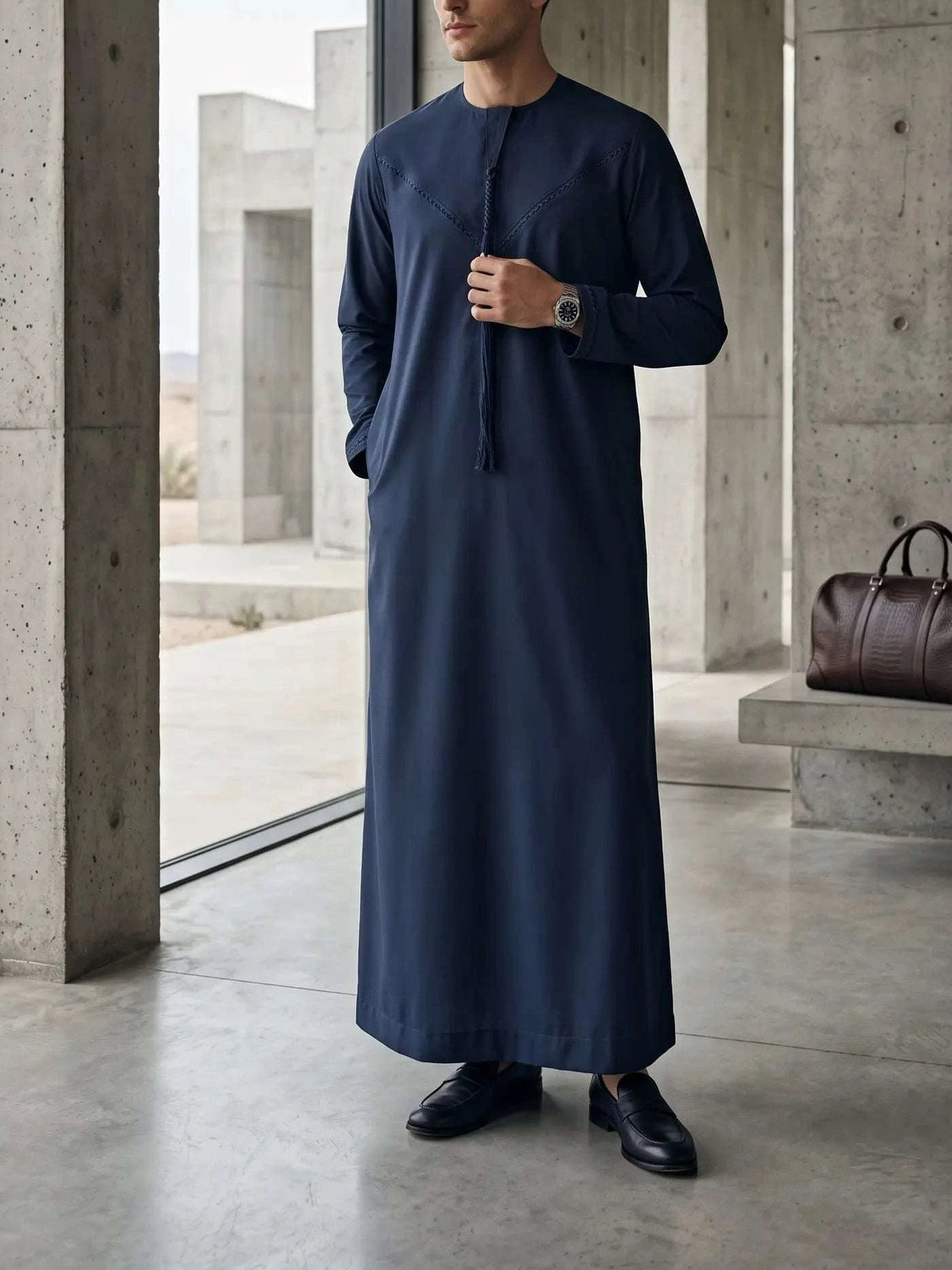 Navy blue Emirati thobe with tarboush for men, full front view
