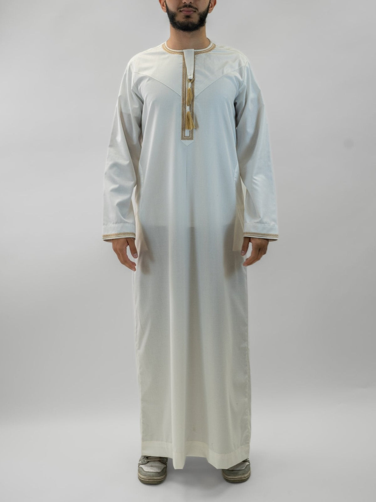White Emirati thobe with tarboush for men, full front view