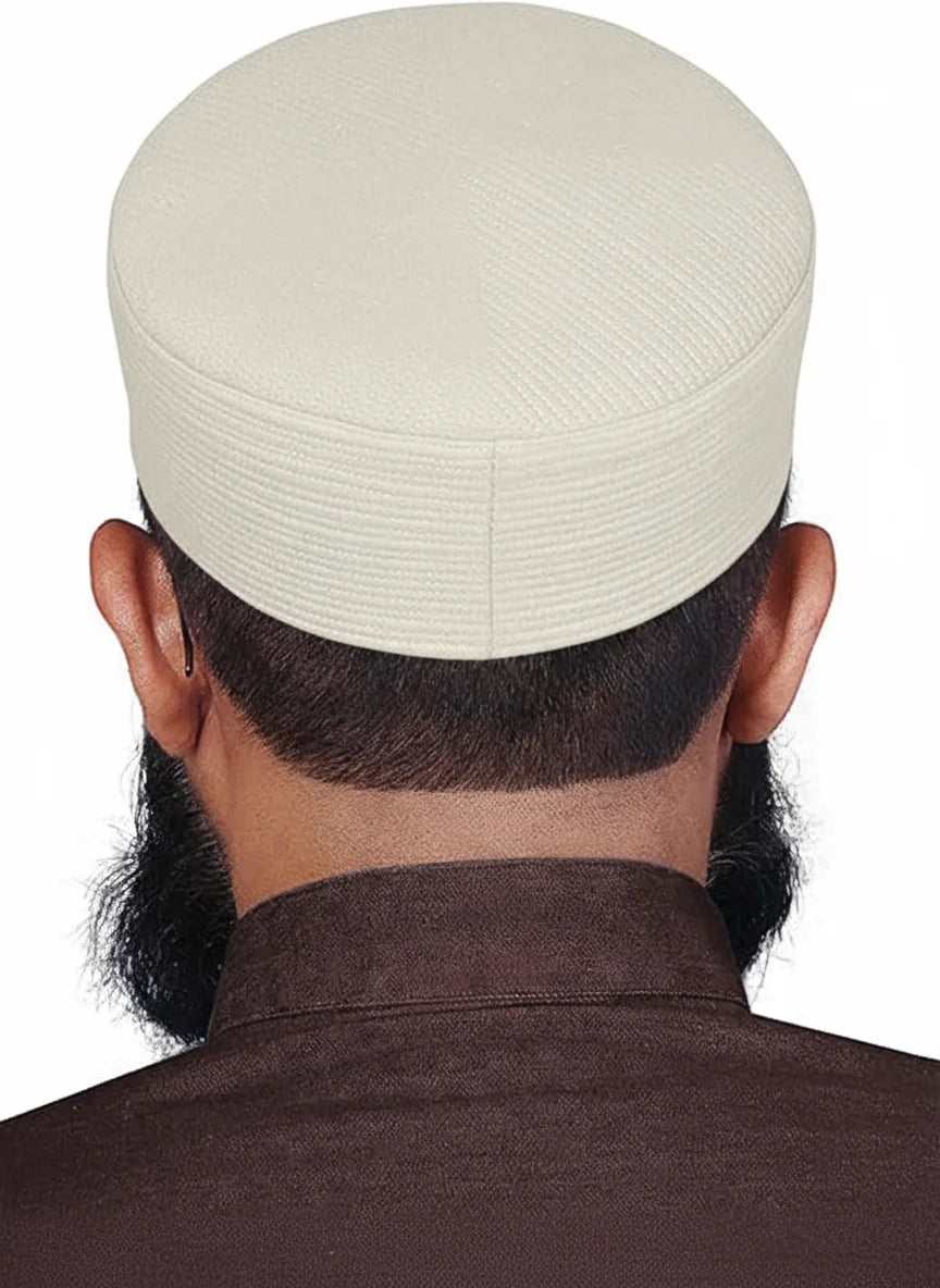Close up of the reinforced stitching and stiffened design of the prayer cap