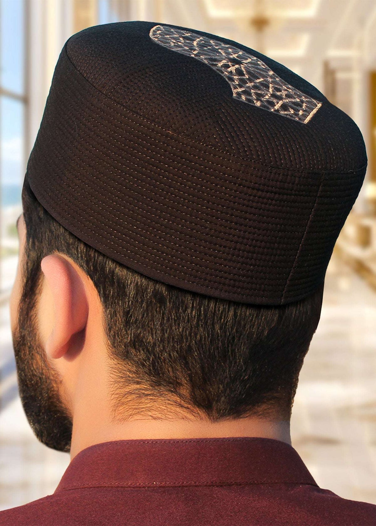 Sultan structured kufi prayer cap for men, shown from the side