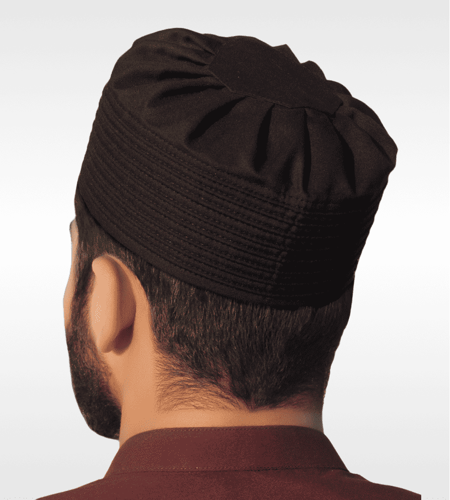 Brown pleated gathered kufi prayer cap for men, an everyday Sunnah essential