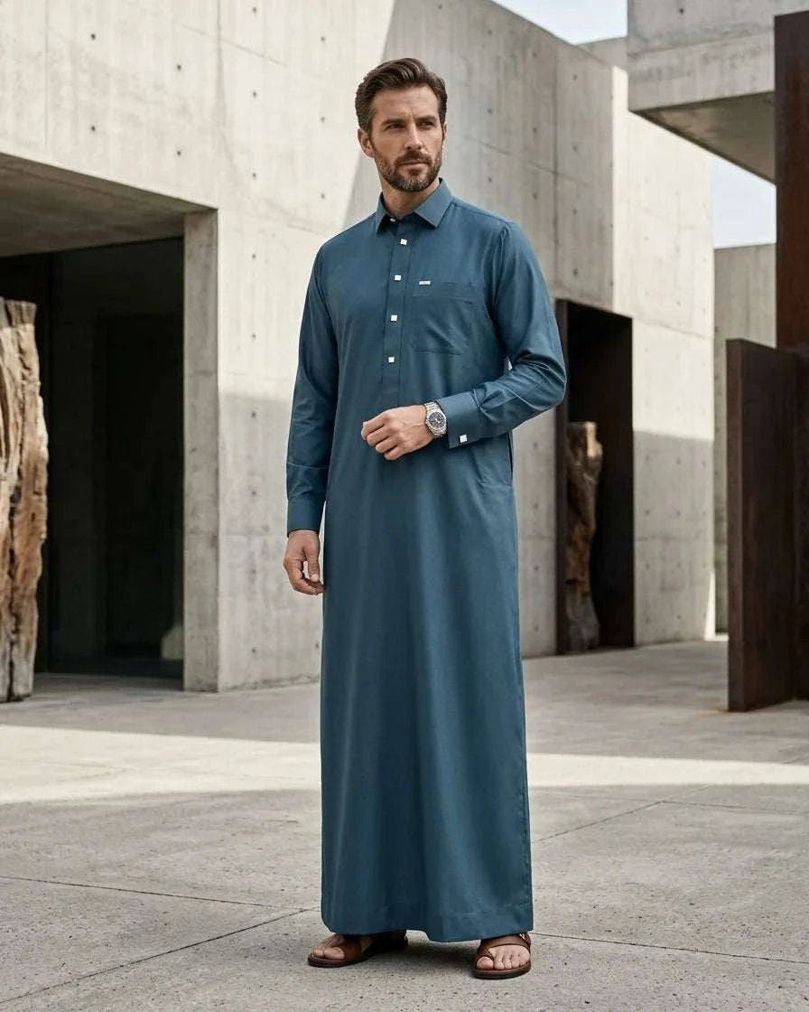 Teal blue executive thobe with shirt collar for men, close-up of the finish