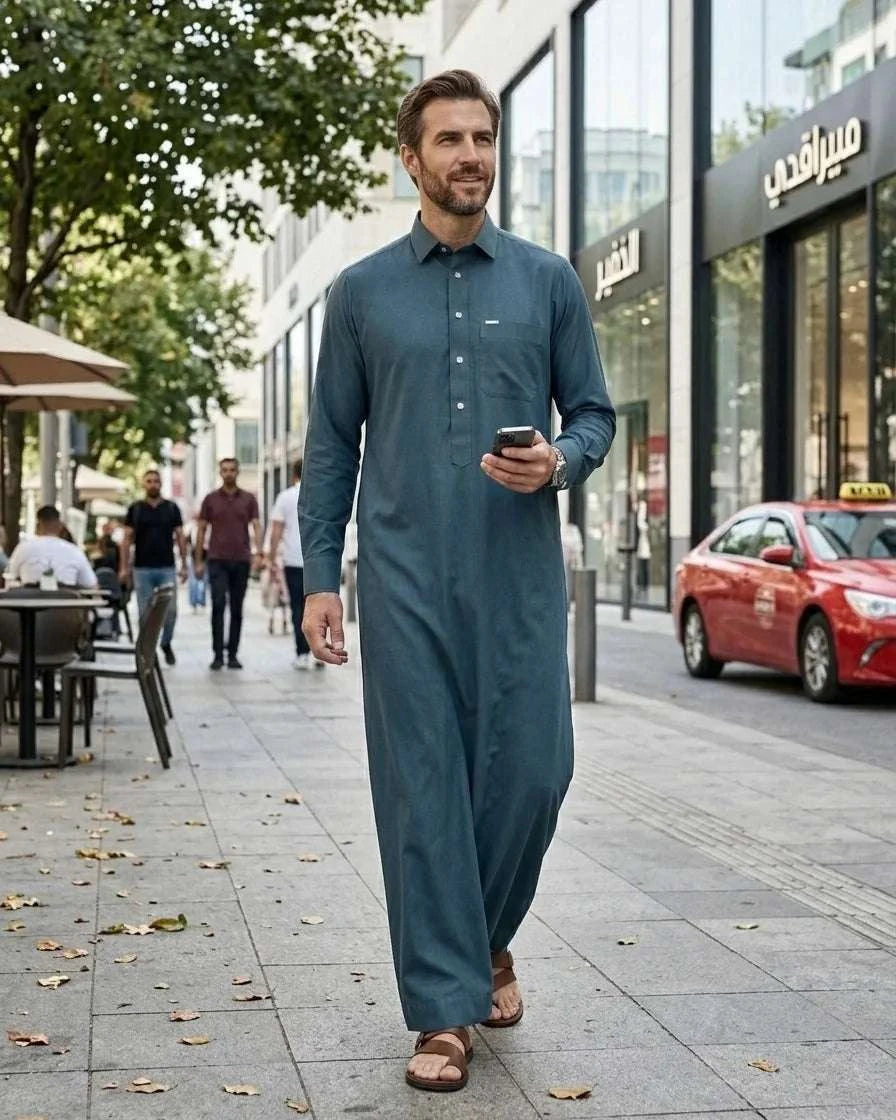 Teal blue executive thobe with shirt collar for men, length and sleeve line