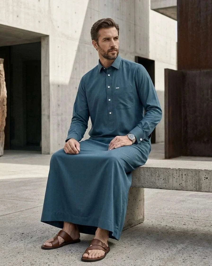 Teal blue executive thobe with shirt collar for men, buttoned placket in close detail