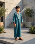 Boys' Teal Blue Moroccan Gandora – White Embroidery
