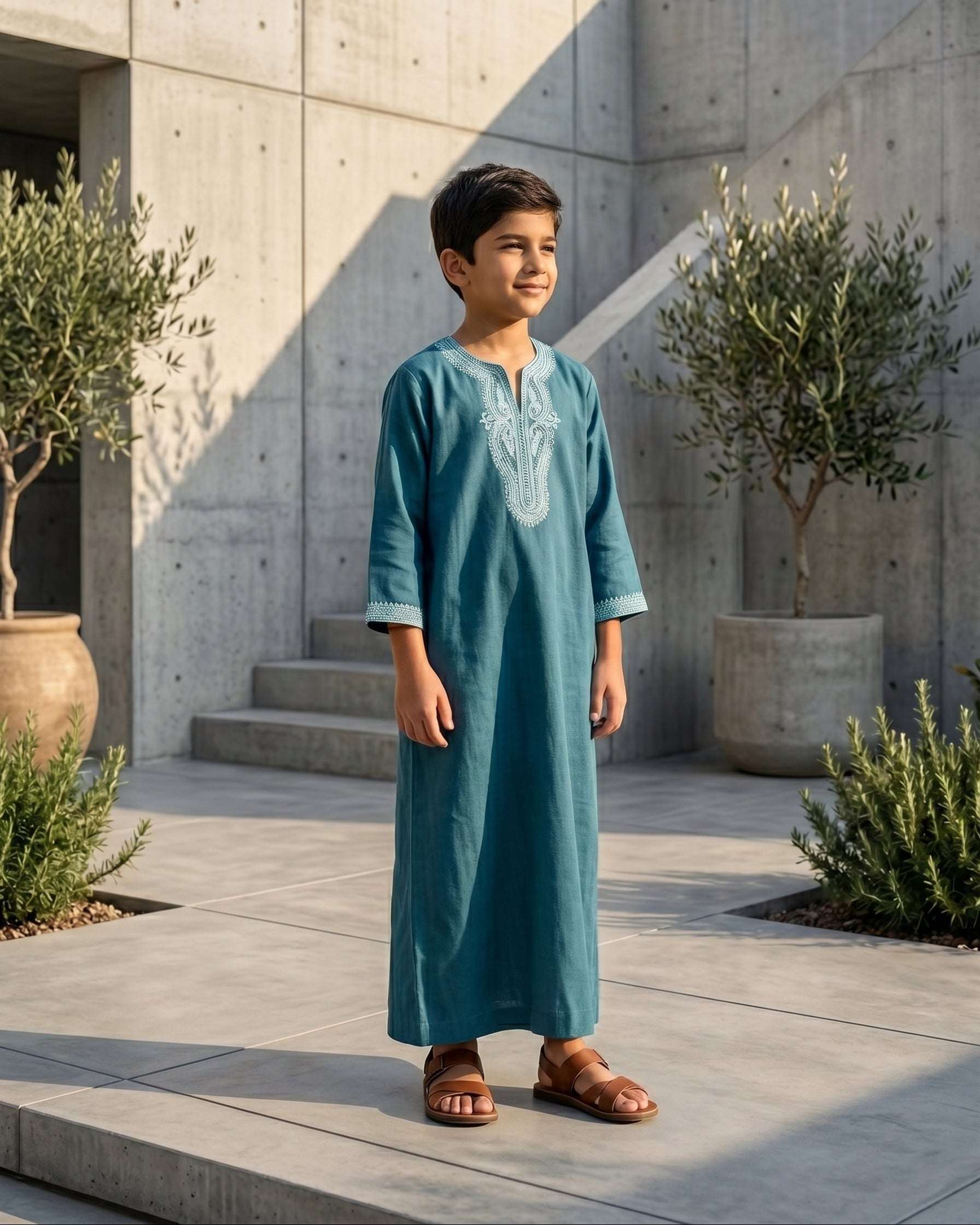 Teal blue Moroccan gandora with white embroidery for boys, full front view