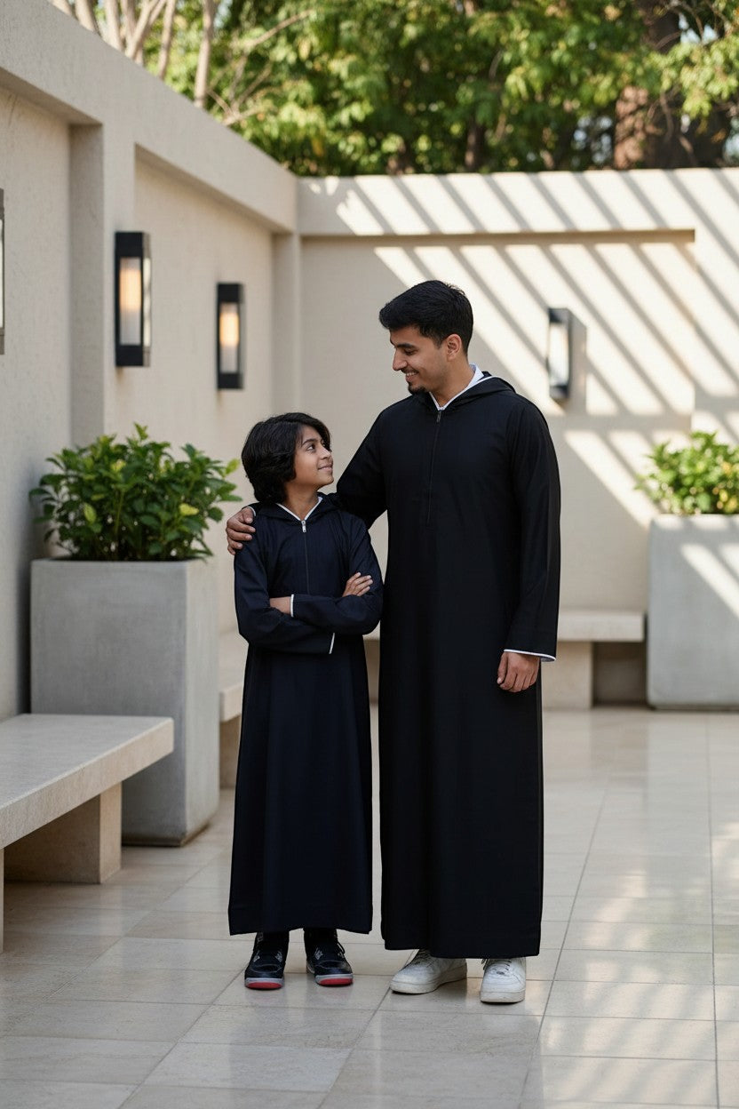 The Topi Wala father and son matching black sporty hoodie thobes with white piping. Casual athleisure wear.