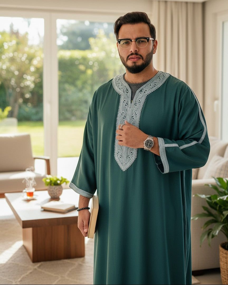The Topi Wala men's forest green thobe features intricate white embroidery on the neckline and cuffs. Lightweight fabric, full length.