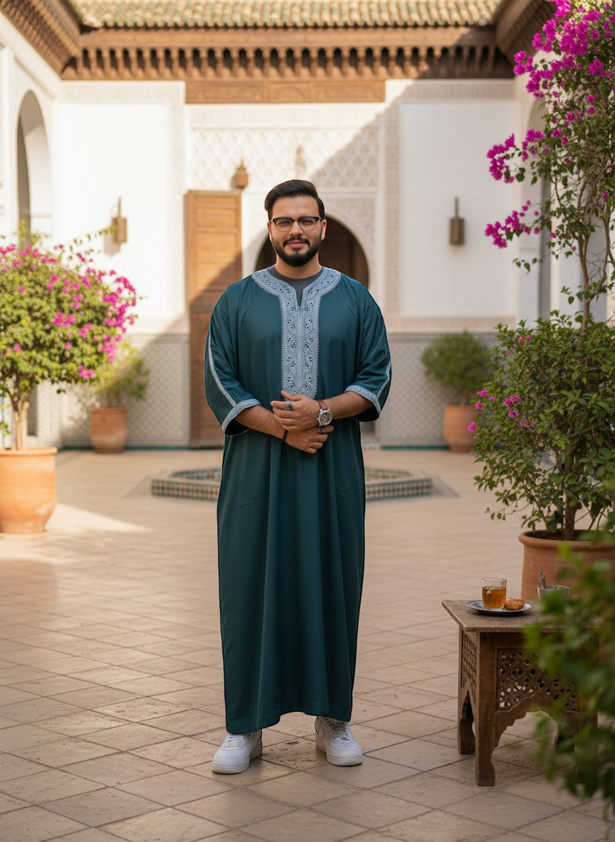 The Topi Wala men's forest green thobe with intricate white embroidery on the neckline and sleeves. Lightweight, full-length, traditional Islamic attire.