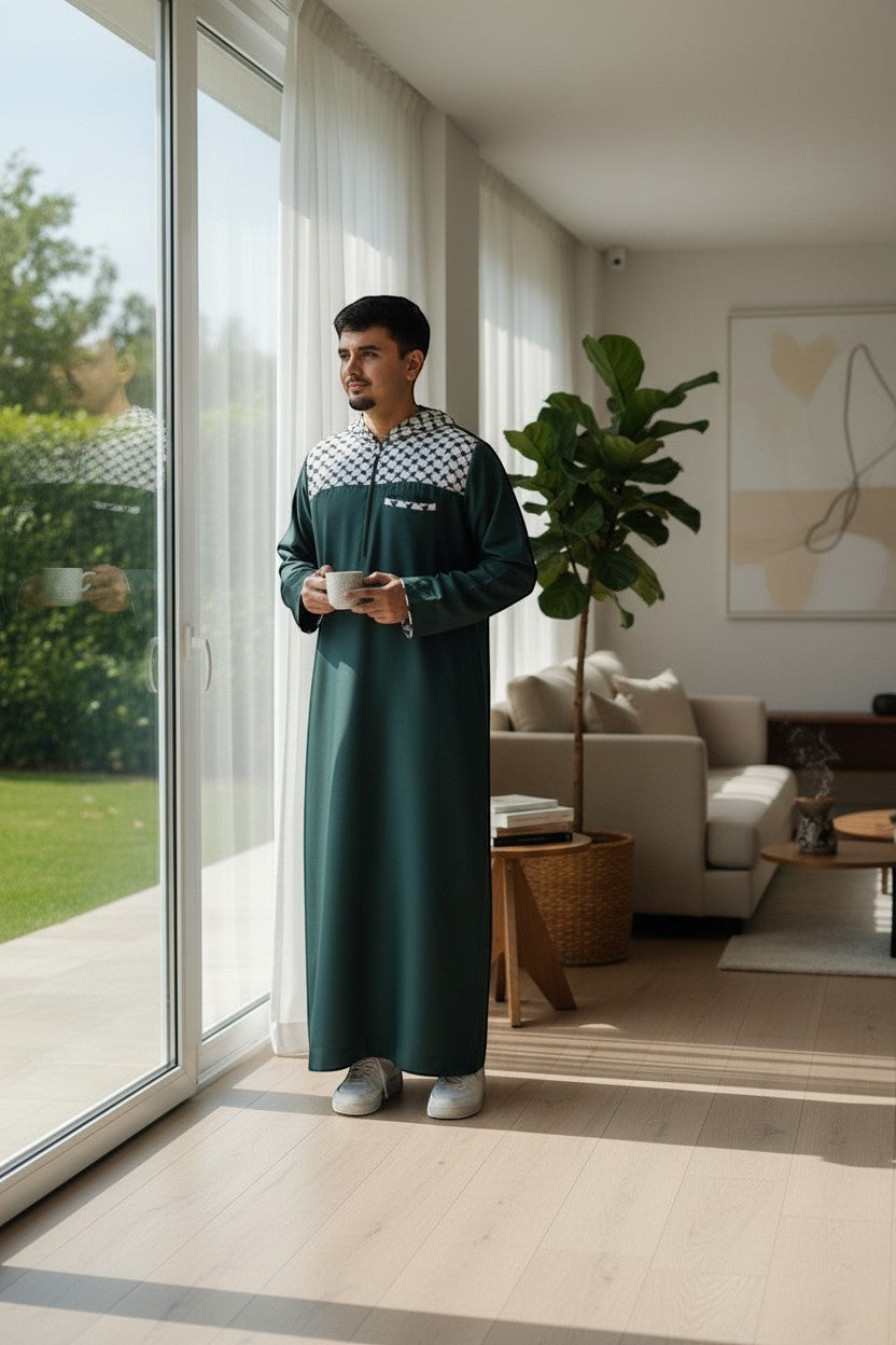 The Topi Wala men's forest green hoodie thobe with Kufiya pattern on chest and hood. Modern streetwear jubba.