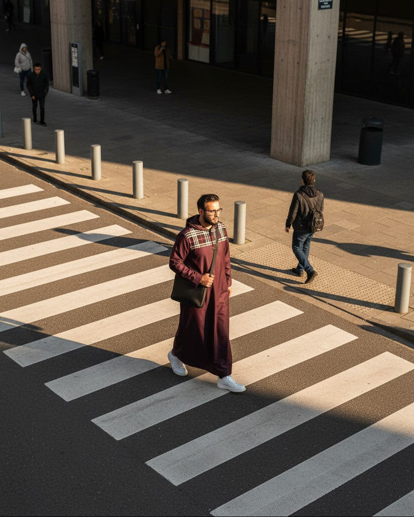 The Topi Wala maroon hoodie thobe for men, featuring a checkered chest panel and a relaxed fit.