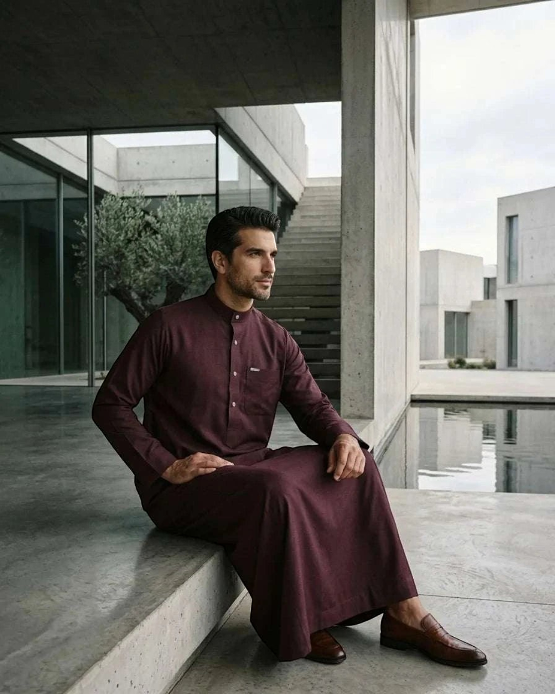 Wine executive thobe with mandarin collar for men, a closer look at the finish