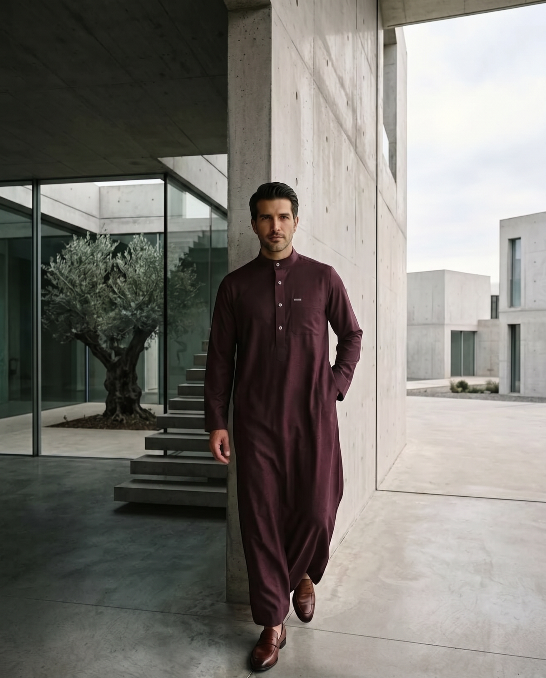 Wine executive thobe with mandarin collar for men, detail of the stitched seams