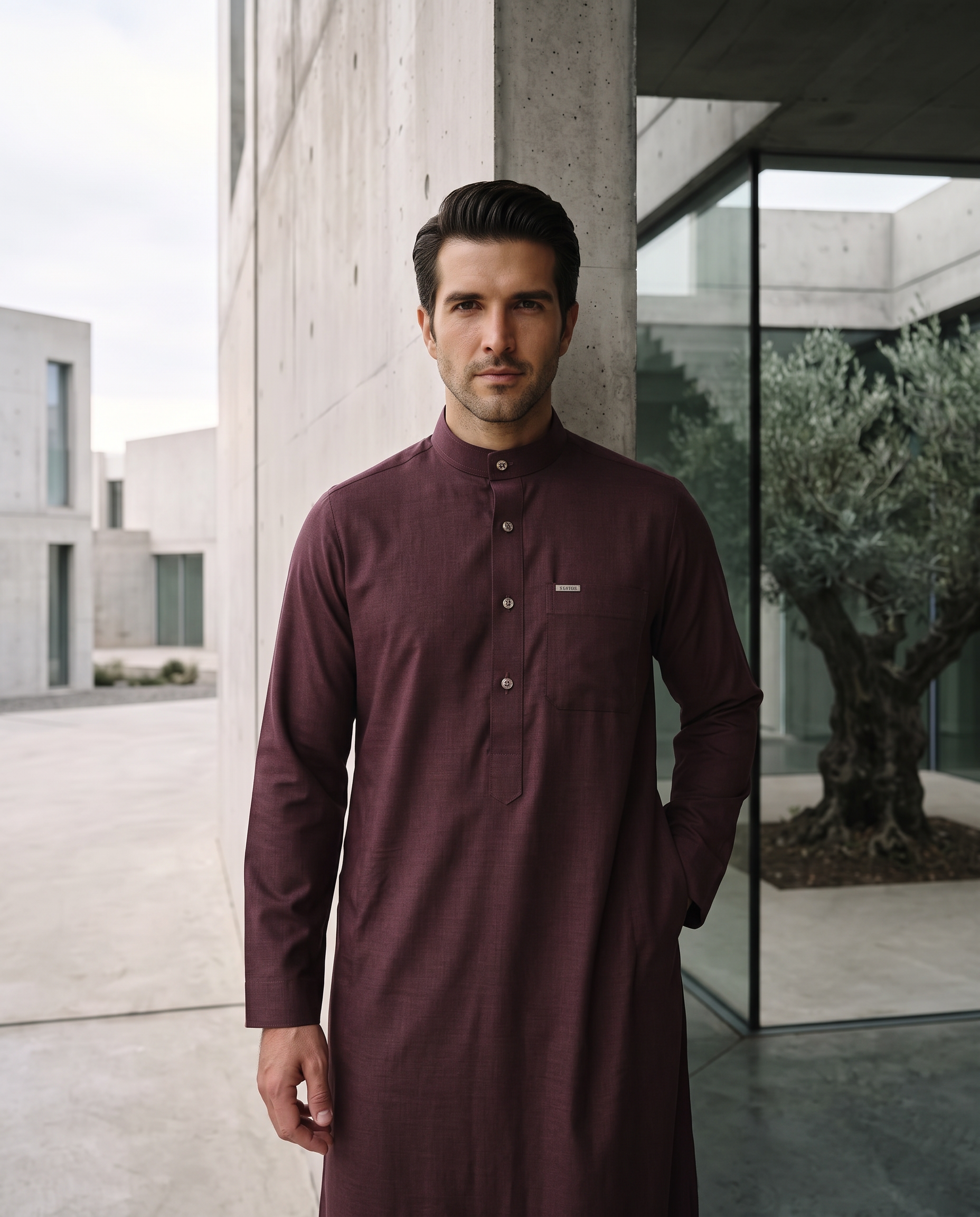 Wine executive thobe with mandarin collar for men, showing the hem and side seam