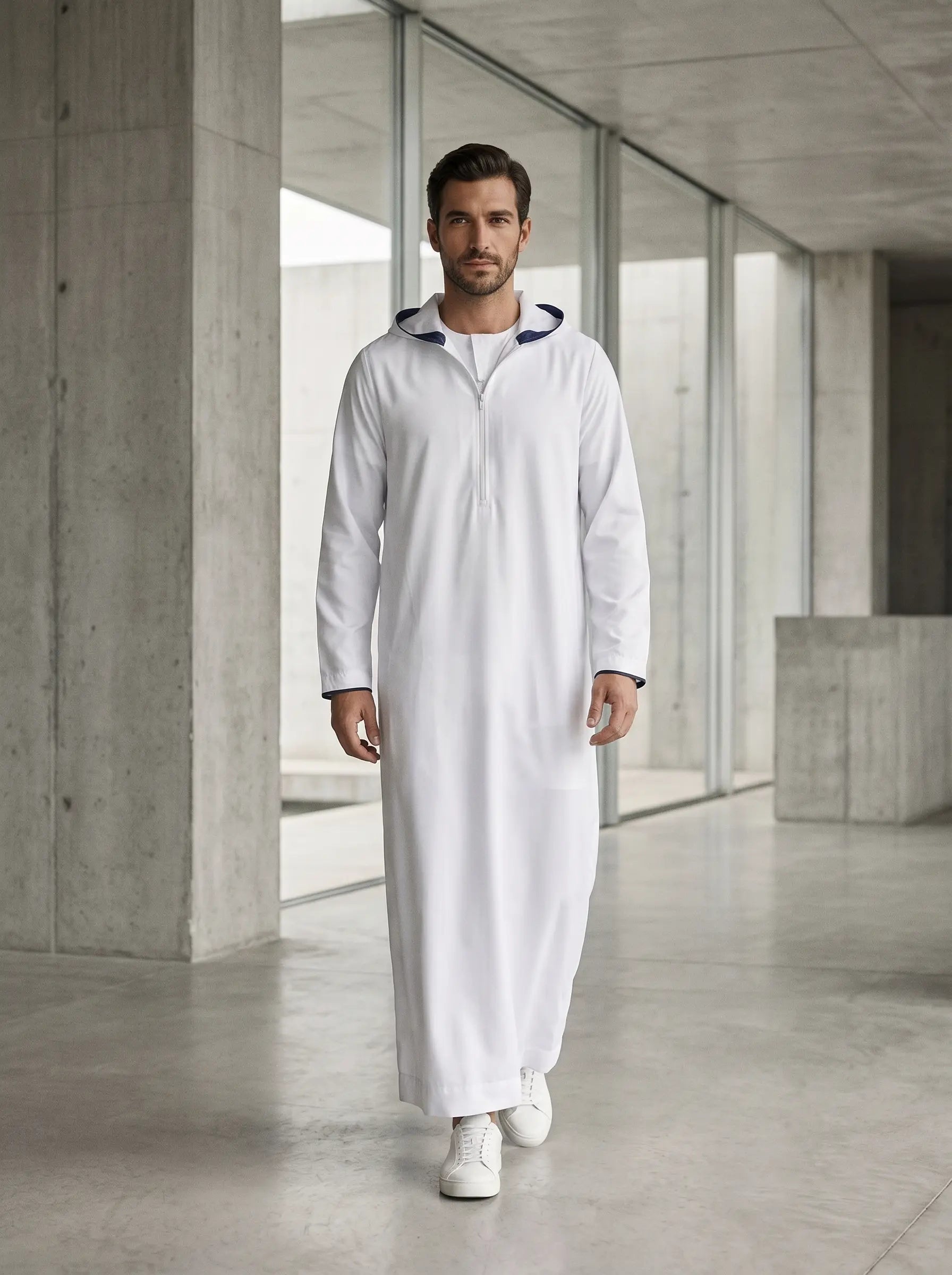 Premium White Hooded Sport Thobe with Half-Zip