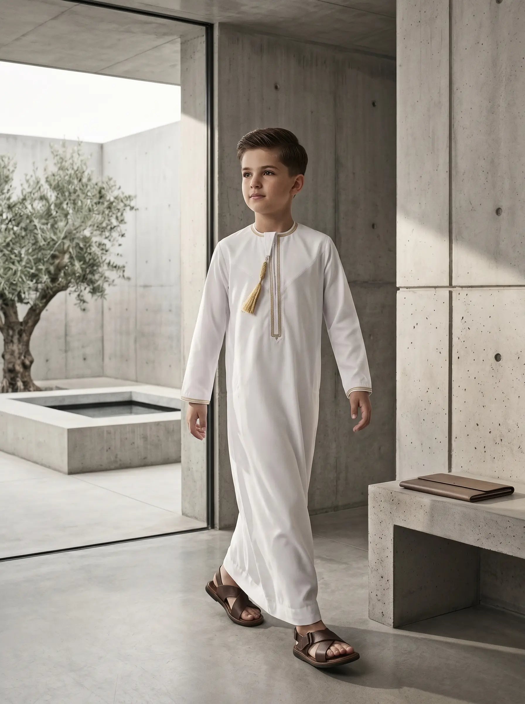 Premium White Emirati Thobe for Kids with Tarboush