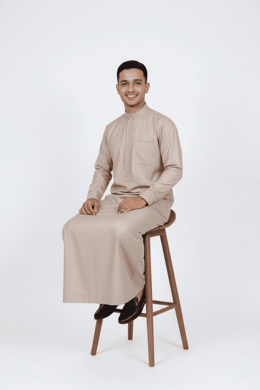 Warm linen thobe with embroidered collar for men, embroidery shown in close detail