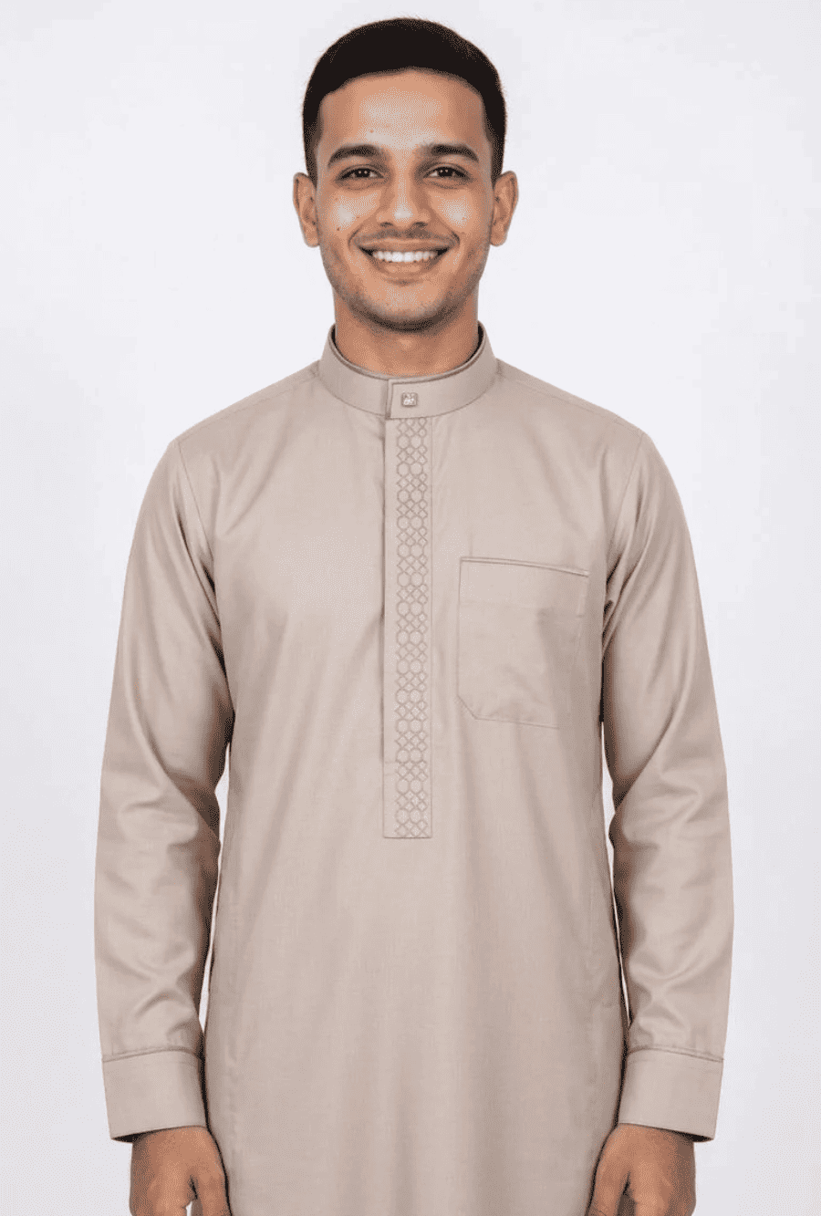 Warm linen thobe with embroidered collar for men, full front view