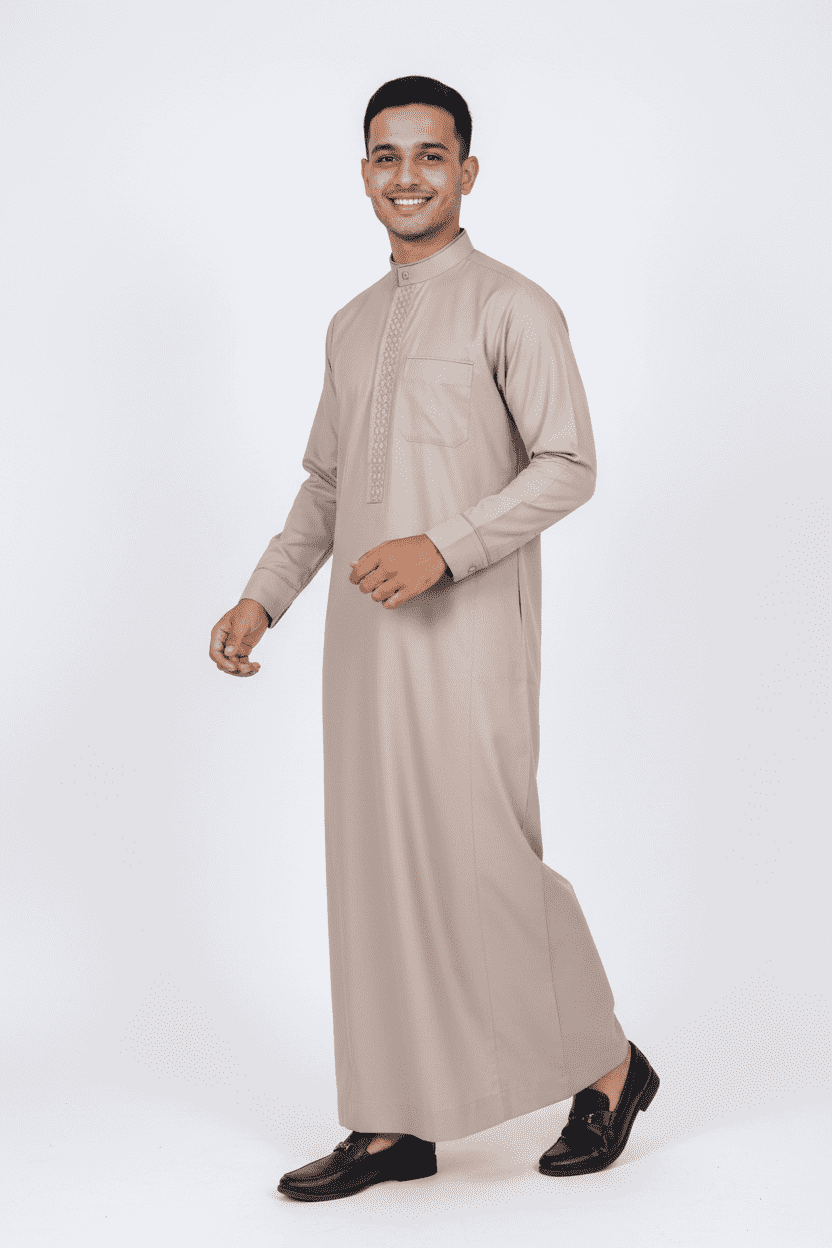 Warm linen thobe with embroidered collar for men, stitched pattern in close detail
