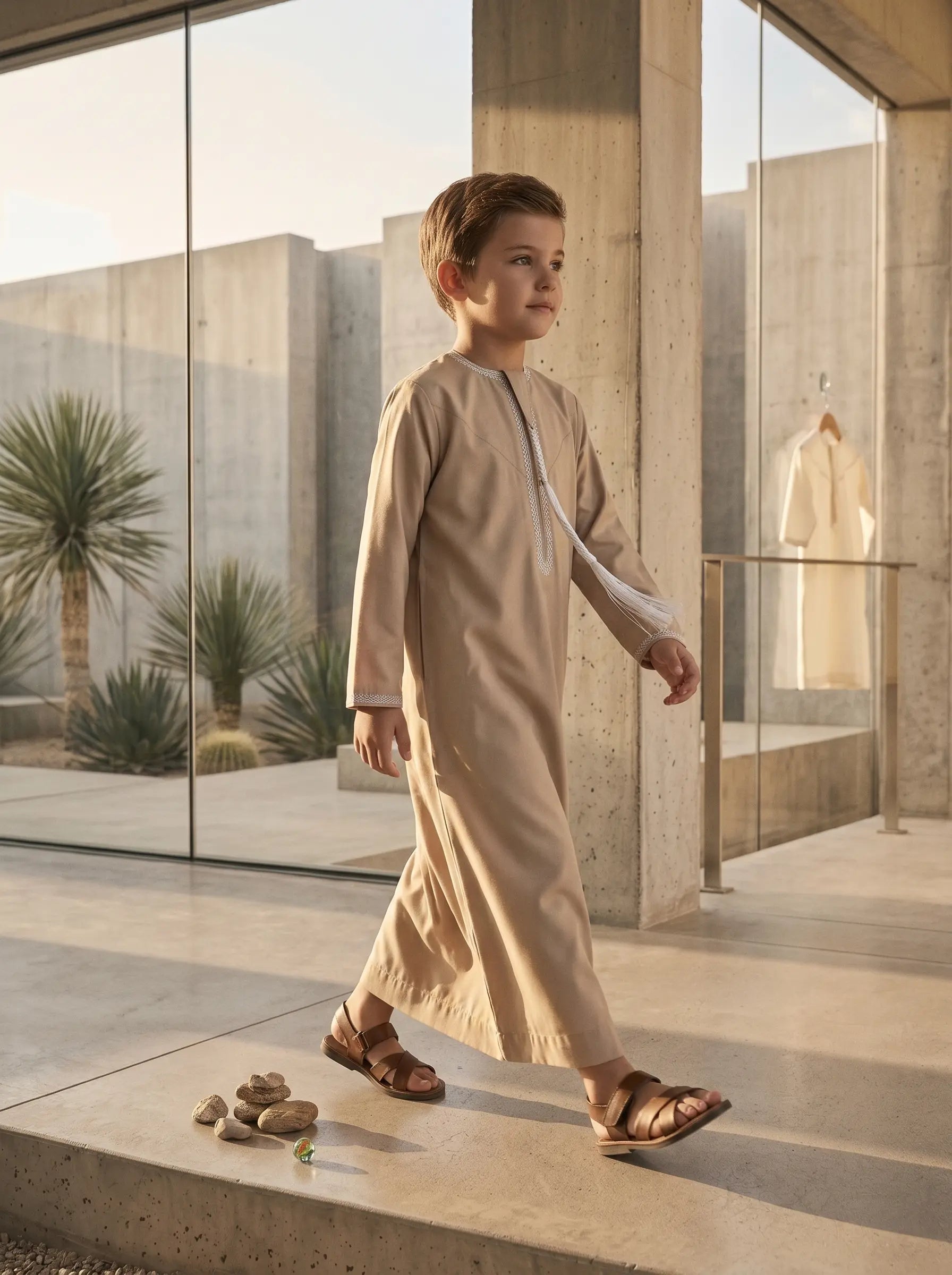Premium Camel Emirati Thobe for Kids with Tarboush