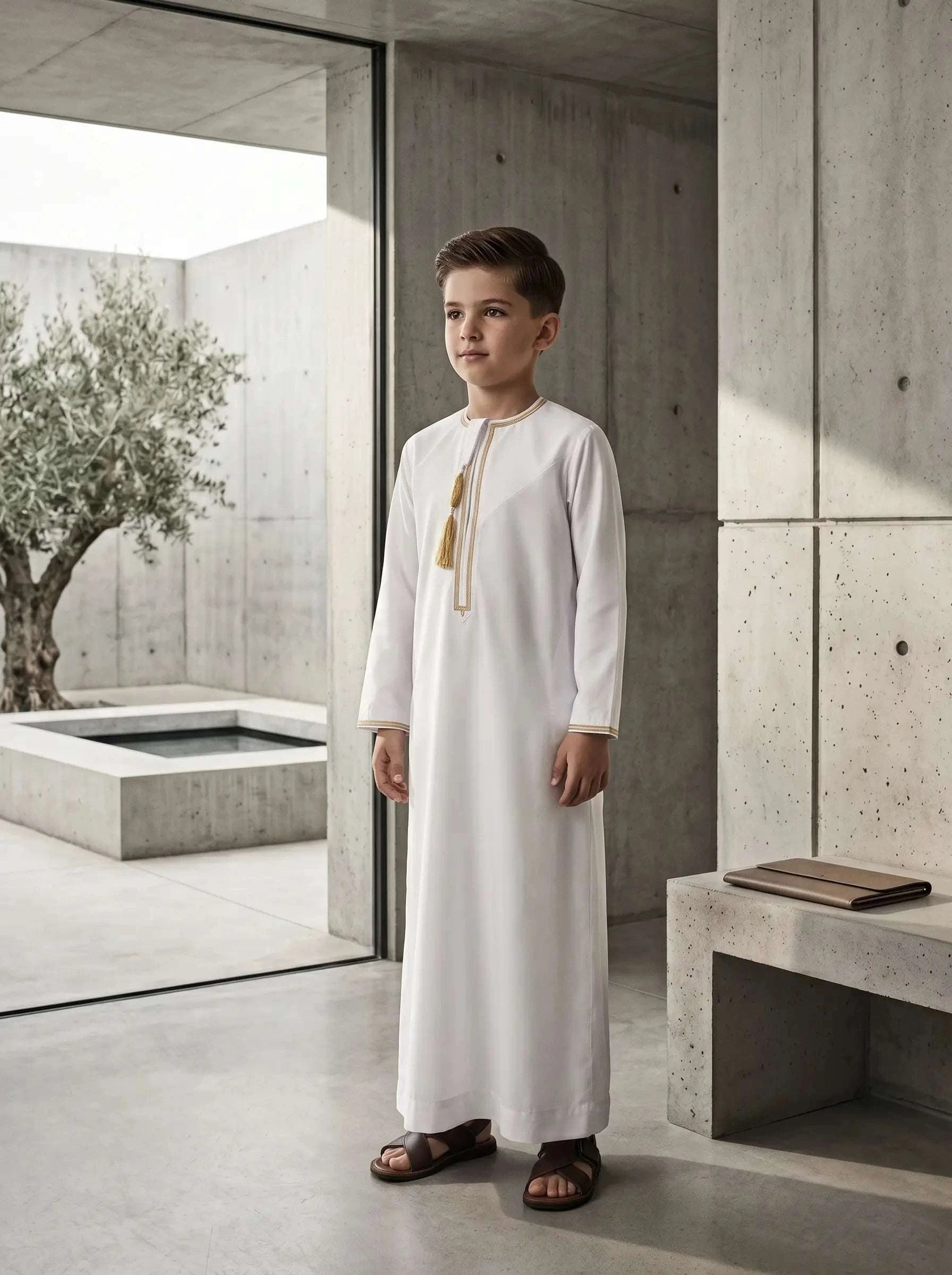 White Emirati thobe with gold trim and tarboush for boys, close-up of the fabric