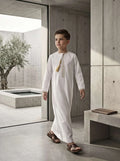 Boys' White Emirati Thobe – Gold Trim with Tarboush