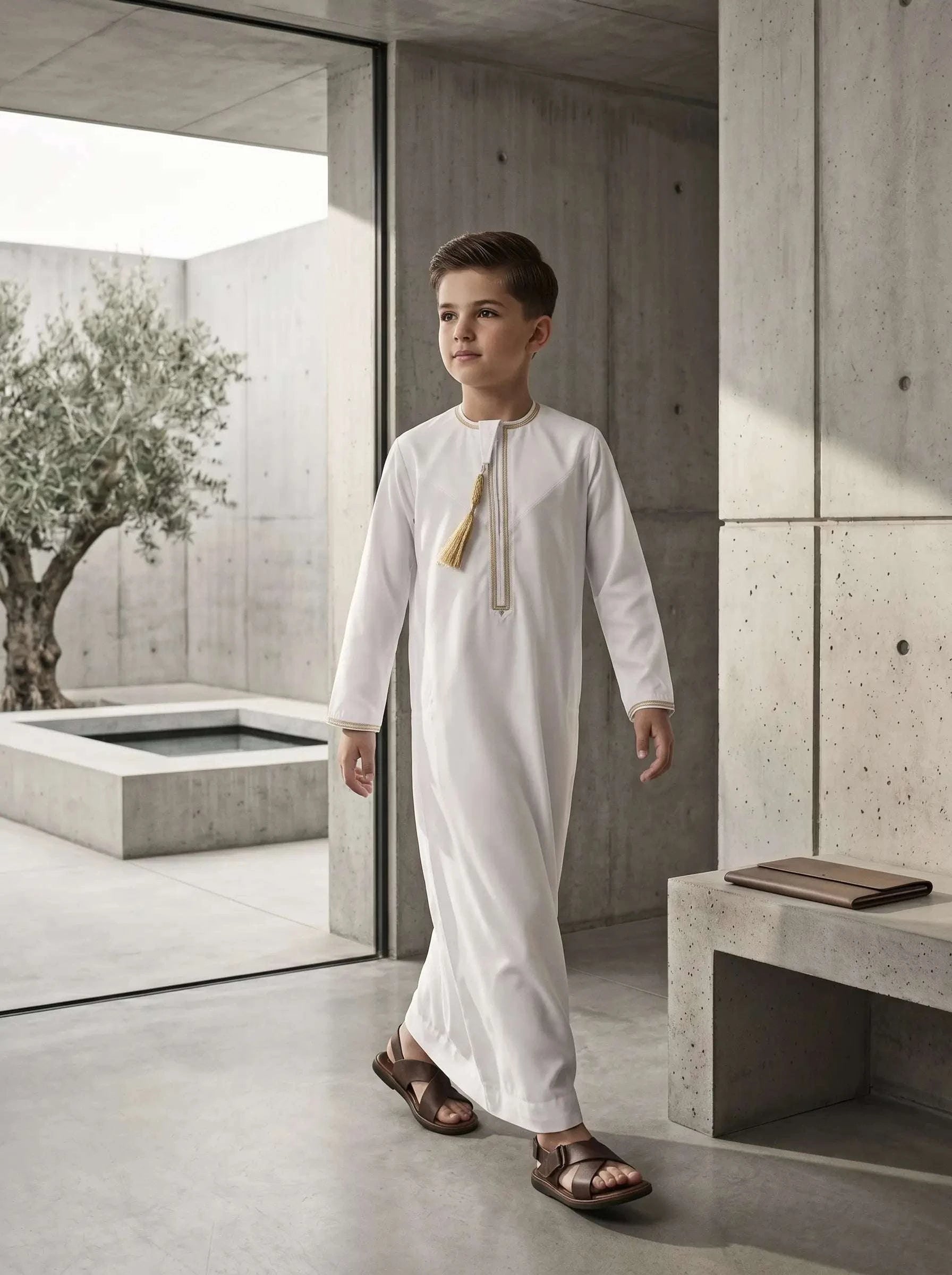 White Emirati thobe with gold trim and tarboush for boys, full front view