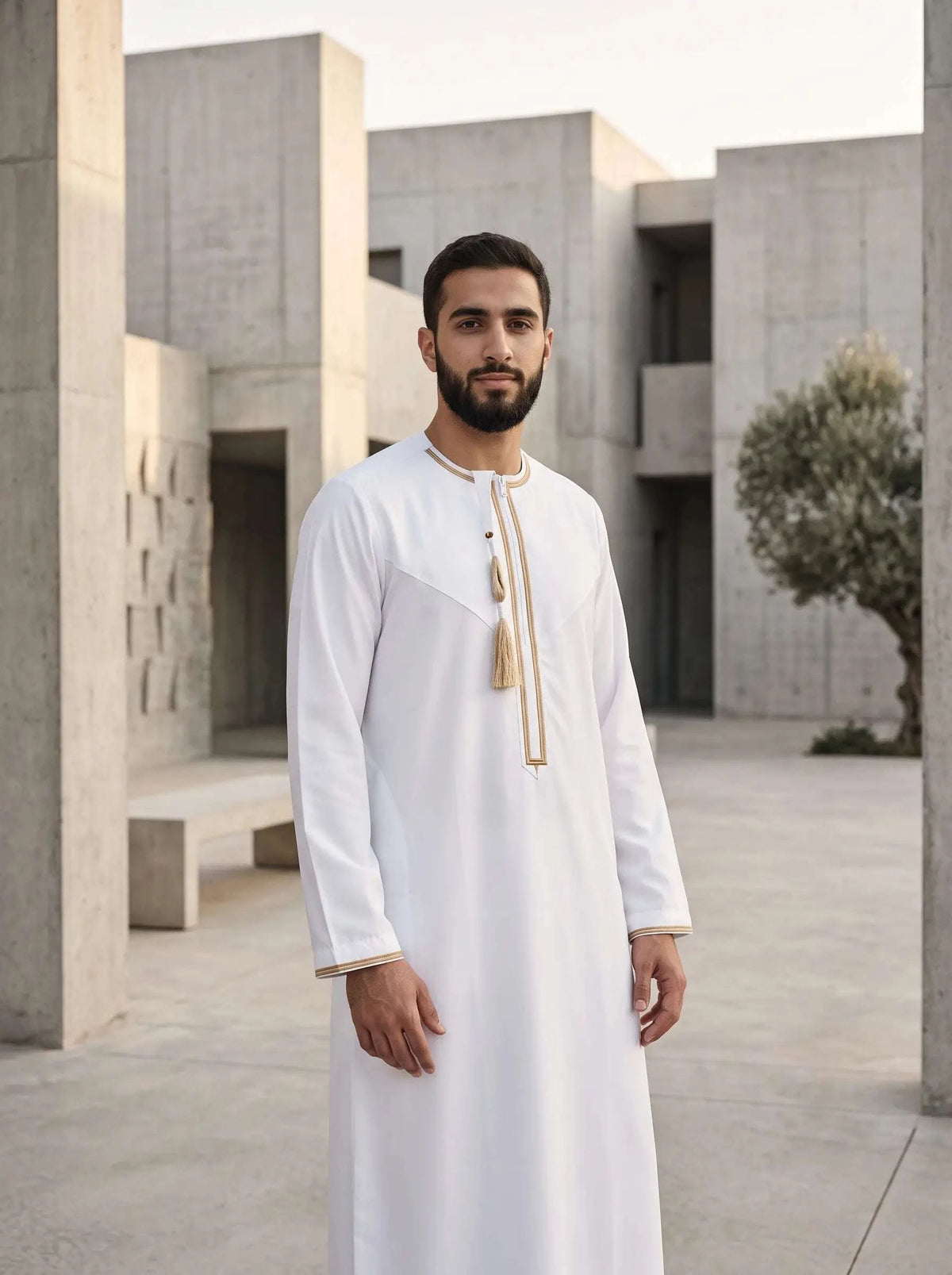 White Emirati thobe for men, full front view