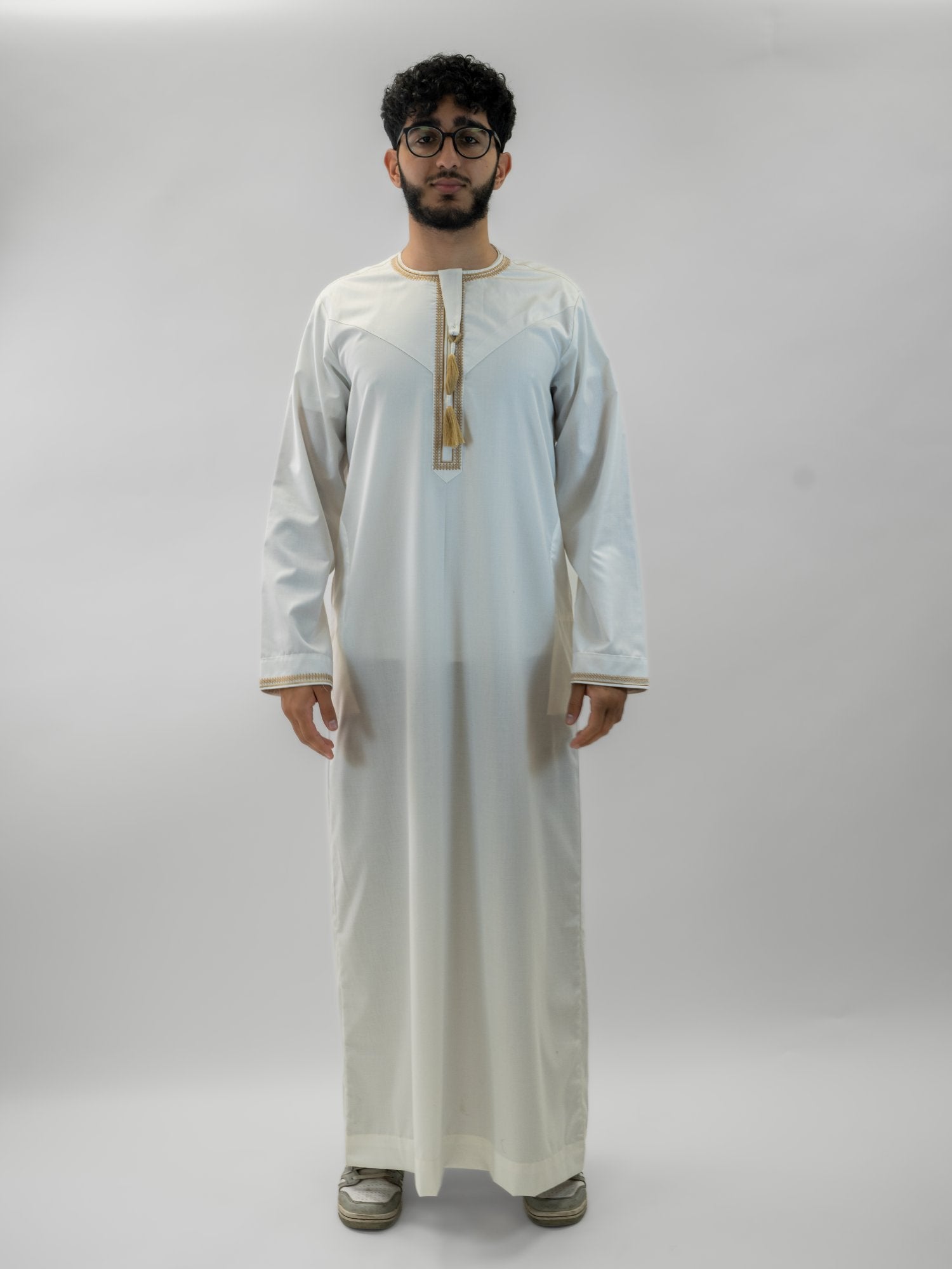 White emirati with tarboush cap thobe for men, full front view