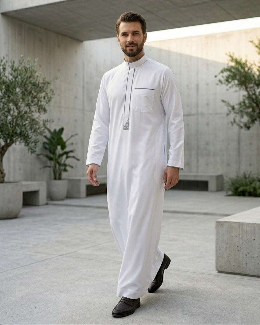 White executive thobe with grey accents for men, close-up of the collar and buttons