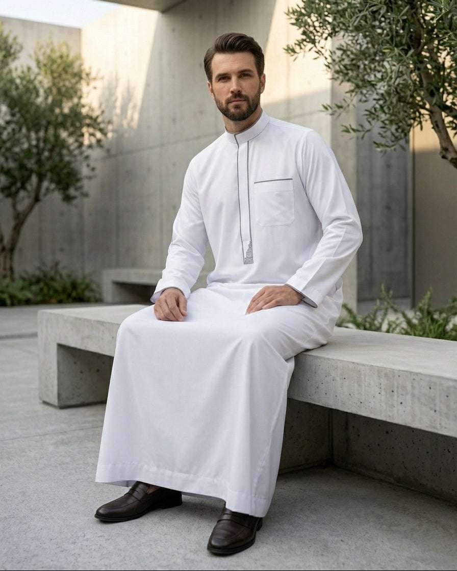 White executive thobe with grey accents for men, side profile view