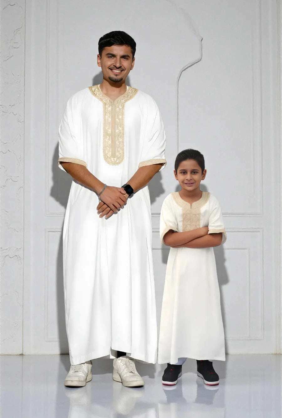 White and gold Moroccan thobe for men, father and son matching set