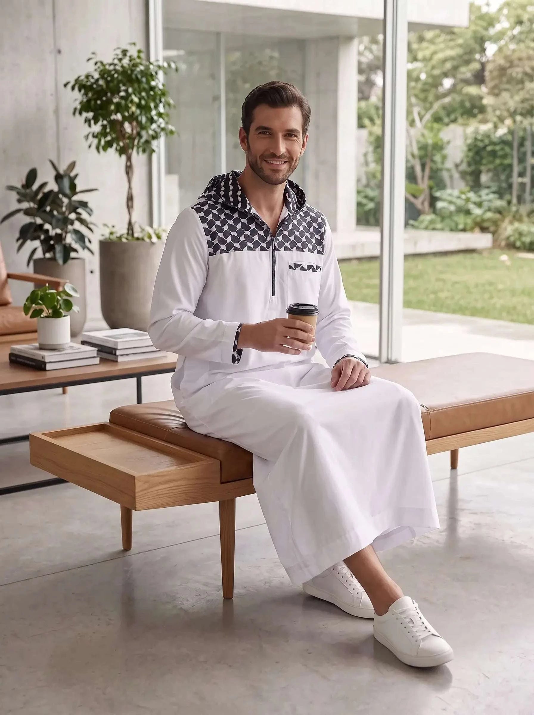 White hooded sport thobe with geometric pattern for men, close-up of the embroidered detailing