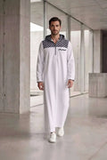 Men's White Hooded Sport Thobe – Geometric Pattern
