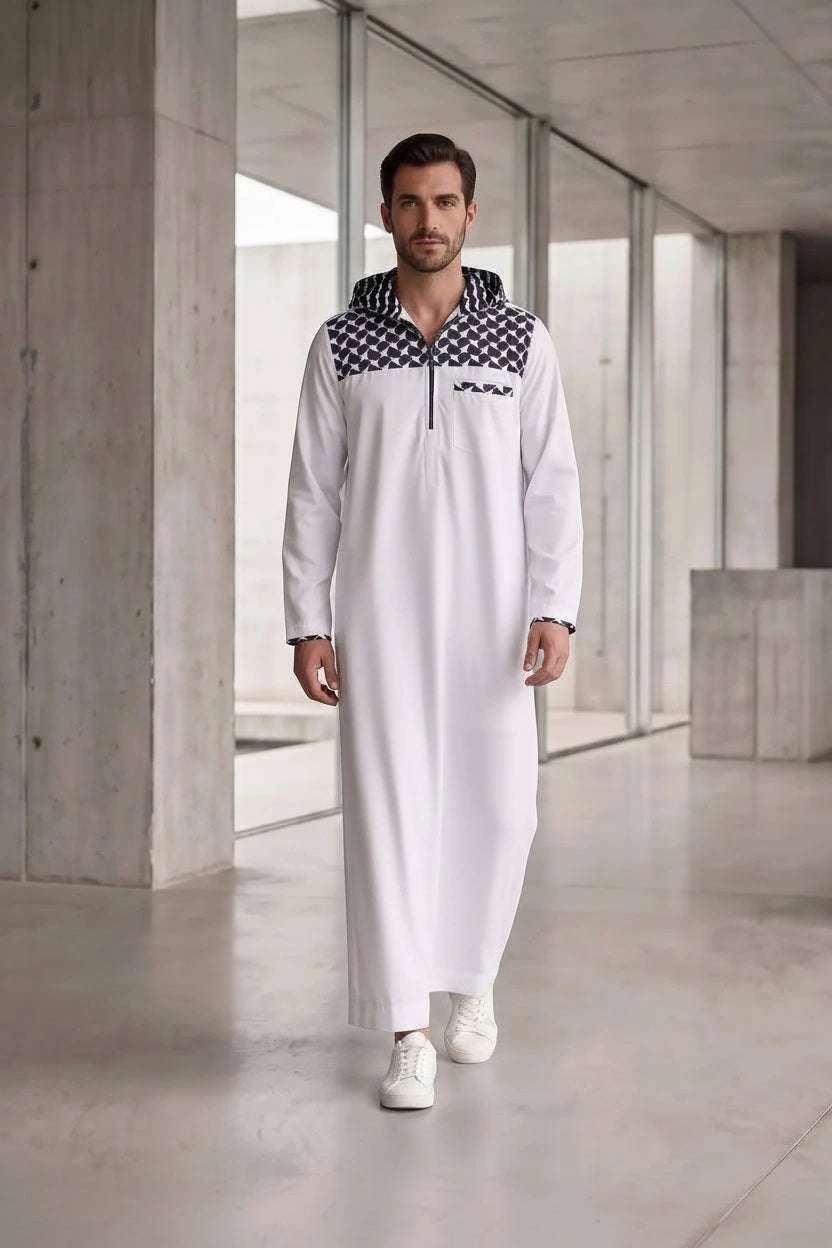 White hooded sport thobe with geometric pattern for men, full front view