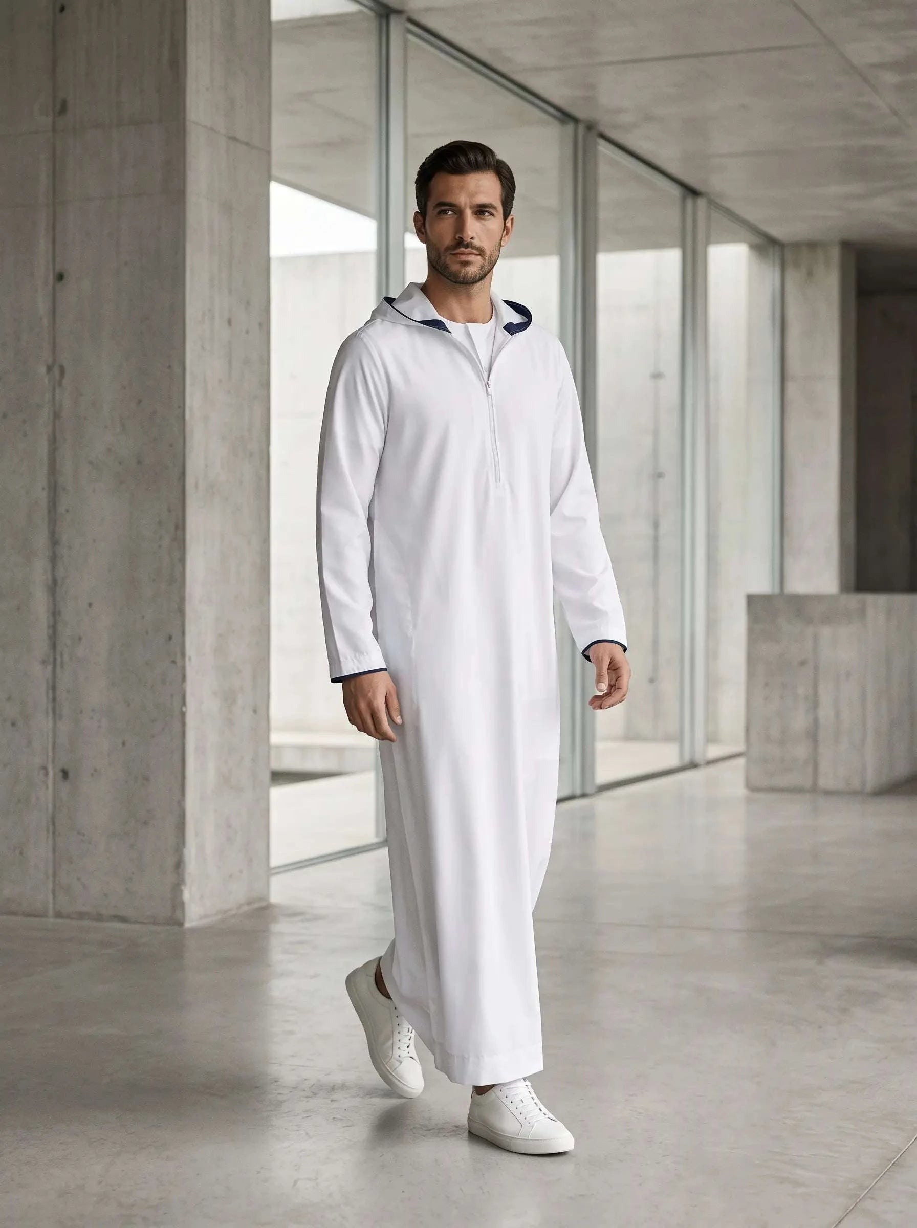 White hooded sport thobe with half-zip for men, back view