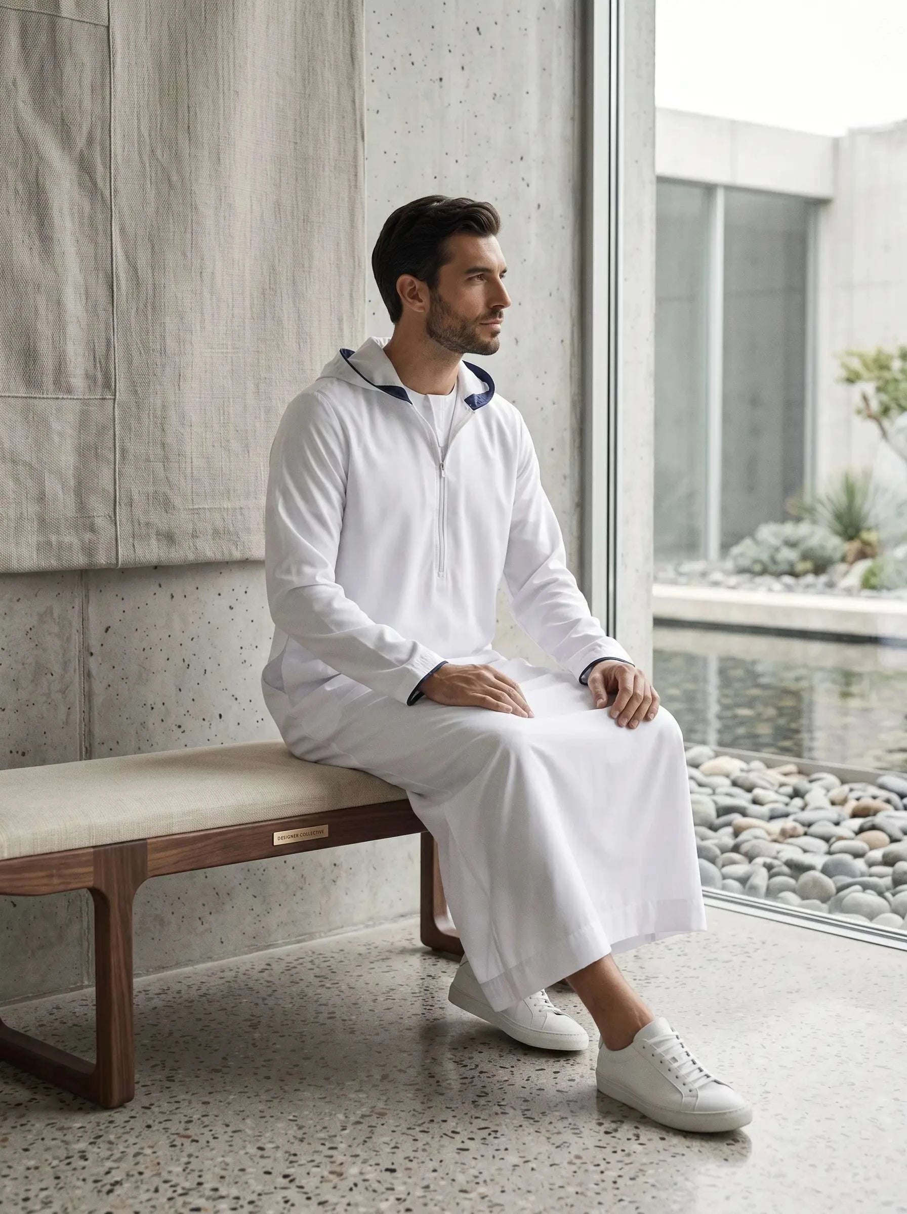White hooded sport thobe with half-zip for men, close-up of the collar and buttons