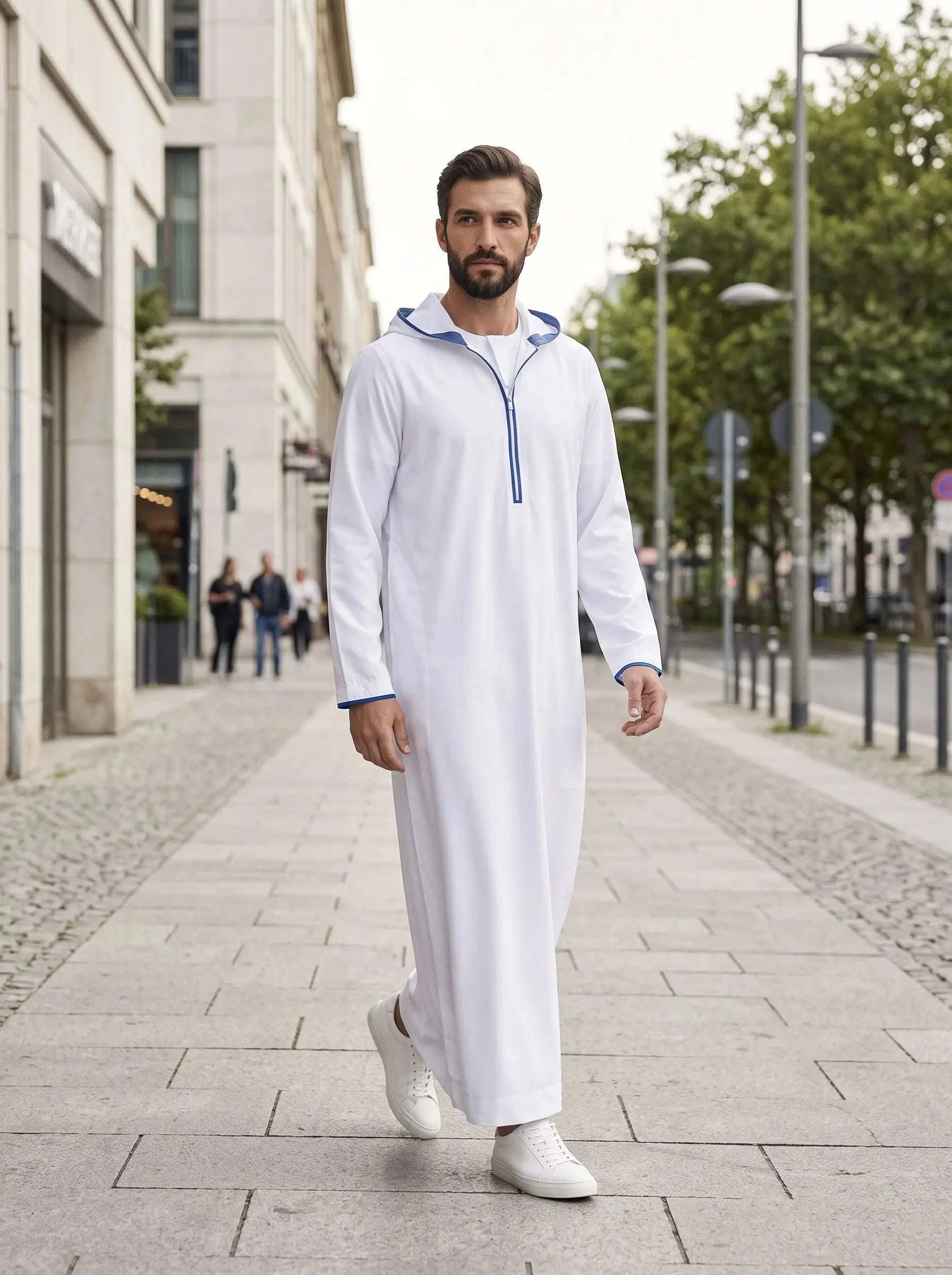 White hooded sport thobe with half-zip for men, full front view