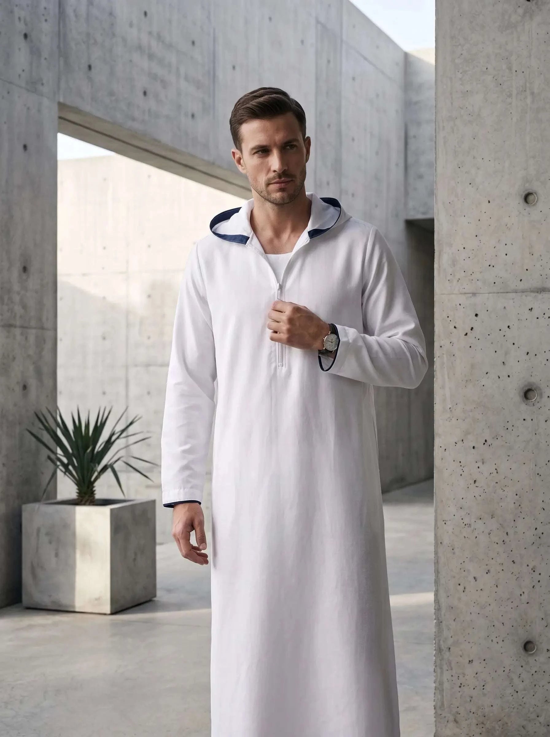 White hooded sport thobe with half-zip for men, side profile view