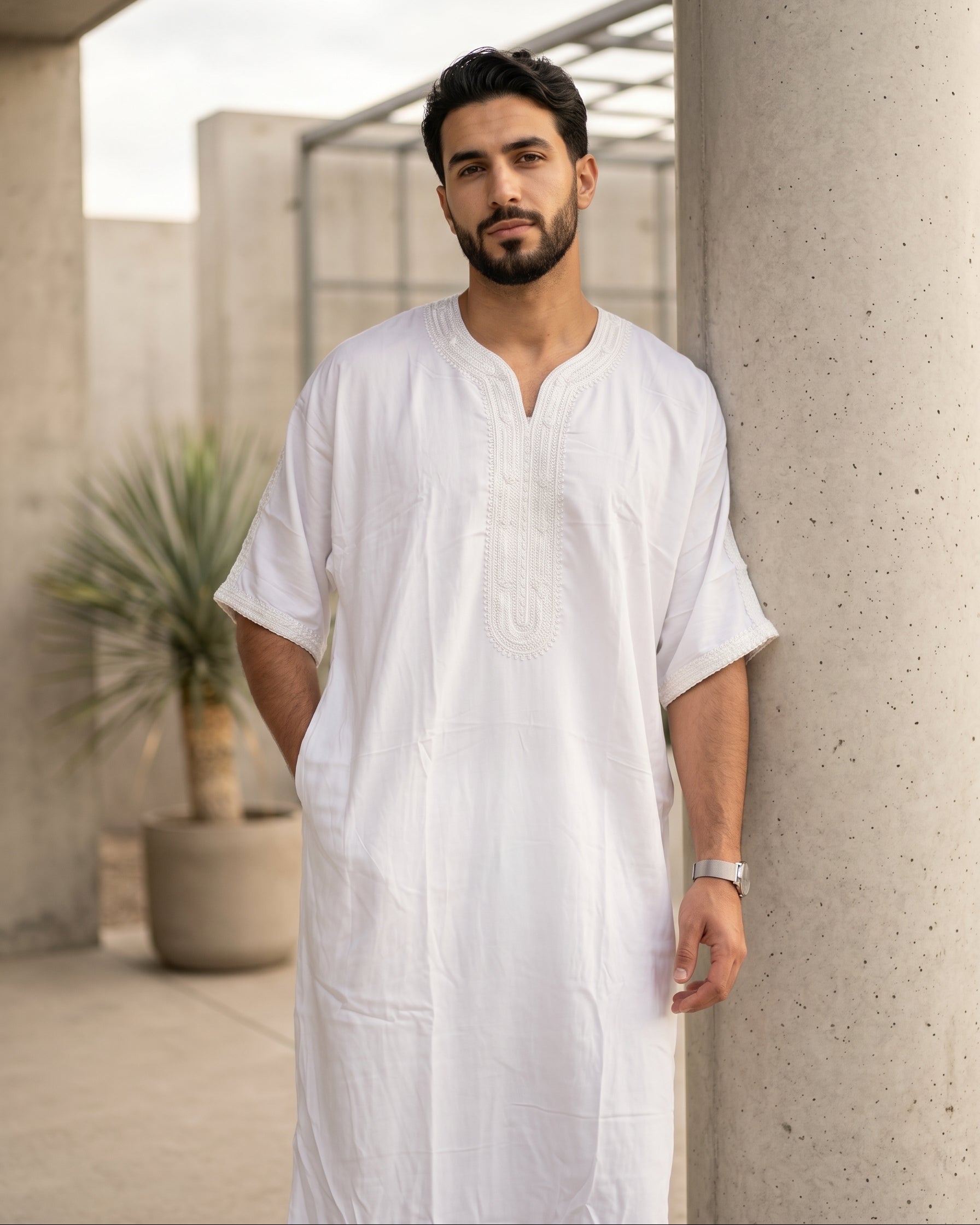 Premium white Moroccan thobe for men, tone-on-tone embroidered jubbah, traditional Islamic clothing, modest menswear, designer Sunnah wear, modern Eid outfit, authentic Arab dress, white summer gandora, comfortable Muslim fashion.