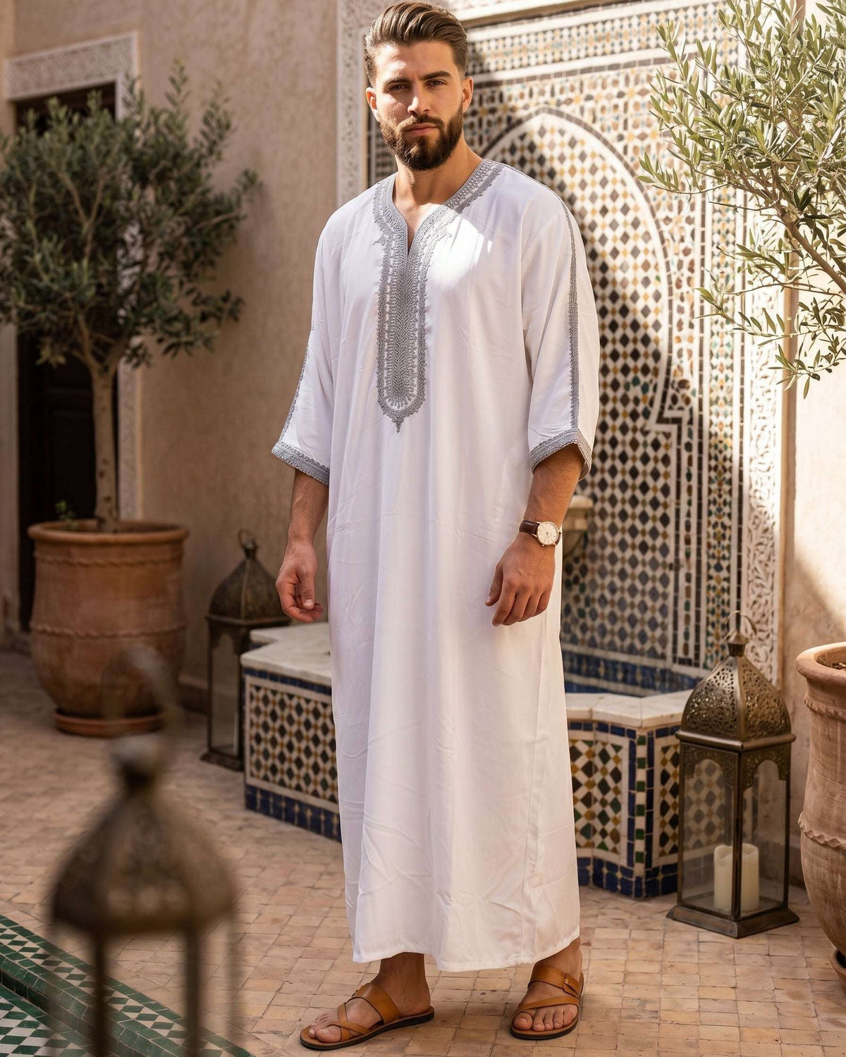 White Moroccan gandora with silver embroidery for men, full front view