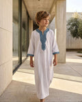 Boys' White Moroccan Gandora – Teal Embroidery