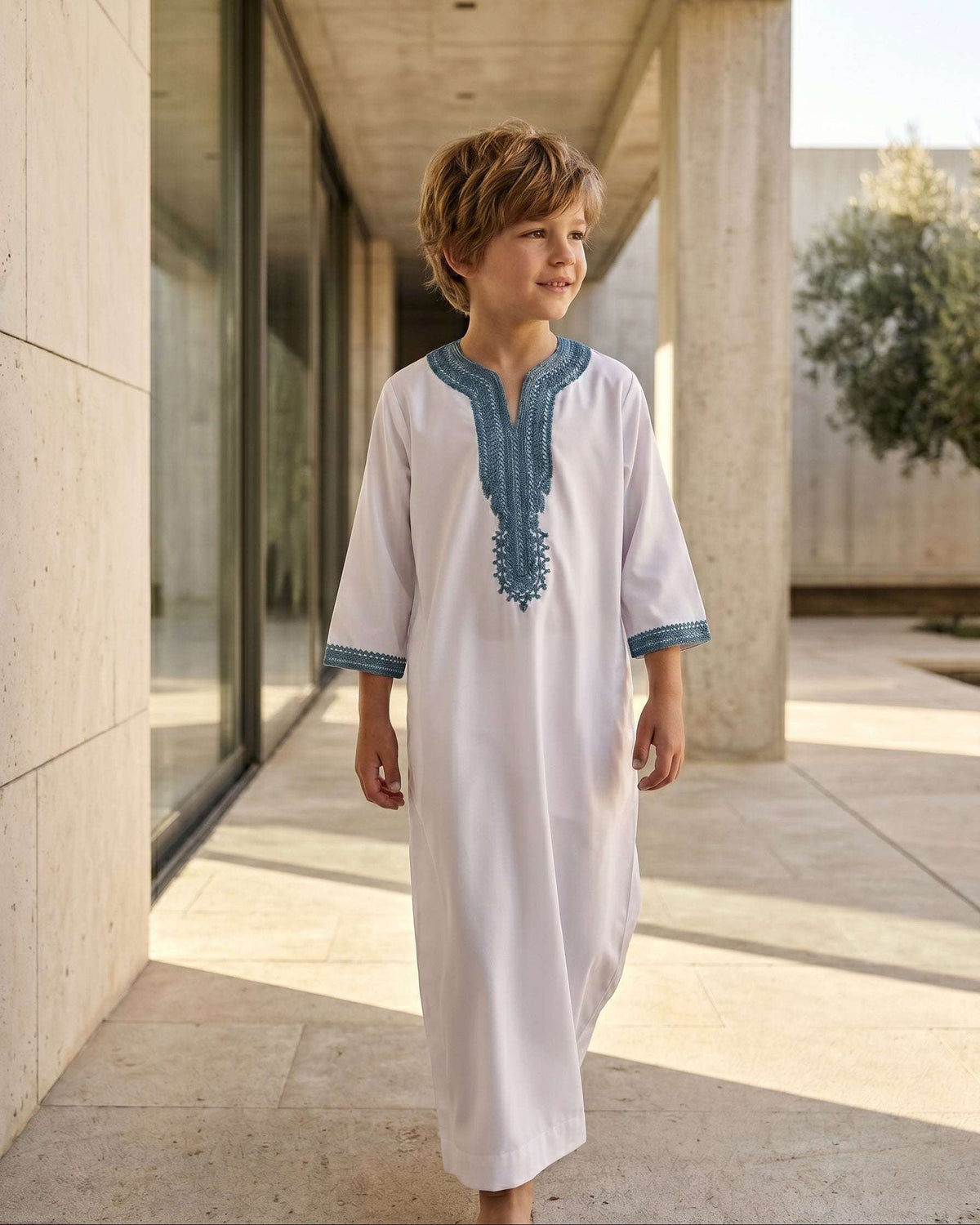 White Moroccan gandora with teal embroidery for boys, full front view