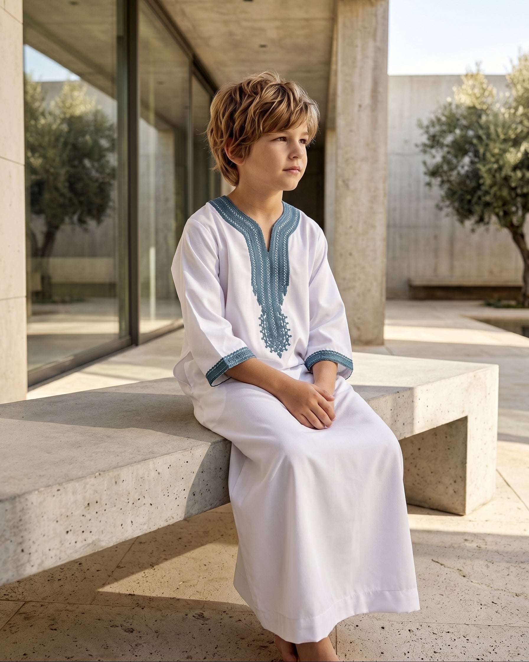 White Moroccan gandora with teal embroidery for boys, stitched pattern in close detail