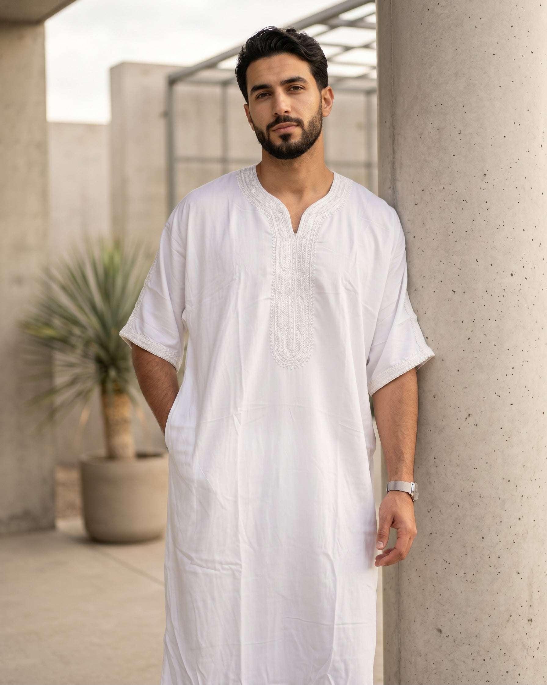 White Moroccan thobe with tone-on-tone embroidery for men, full front view