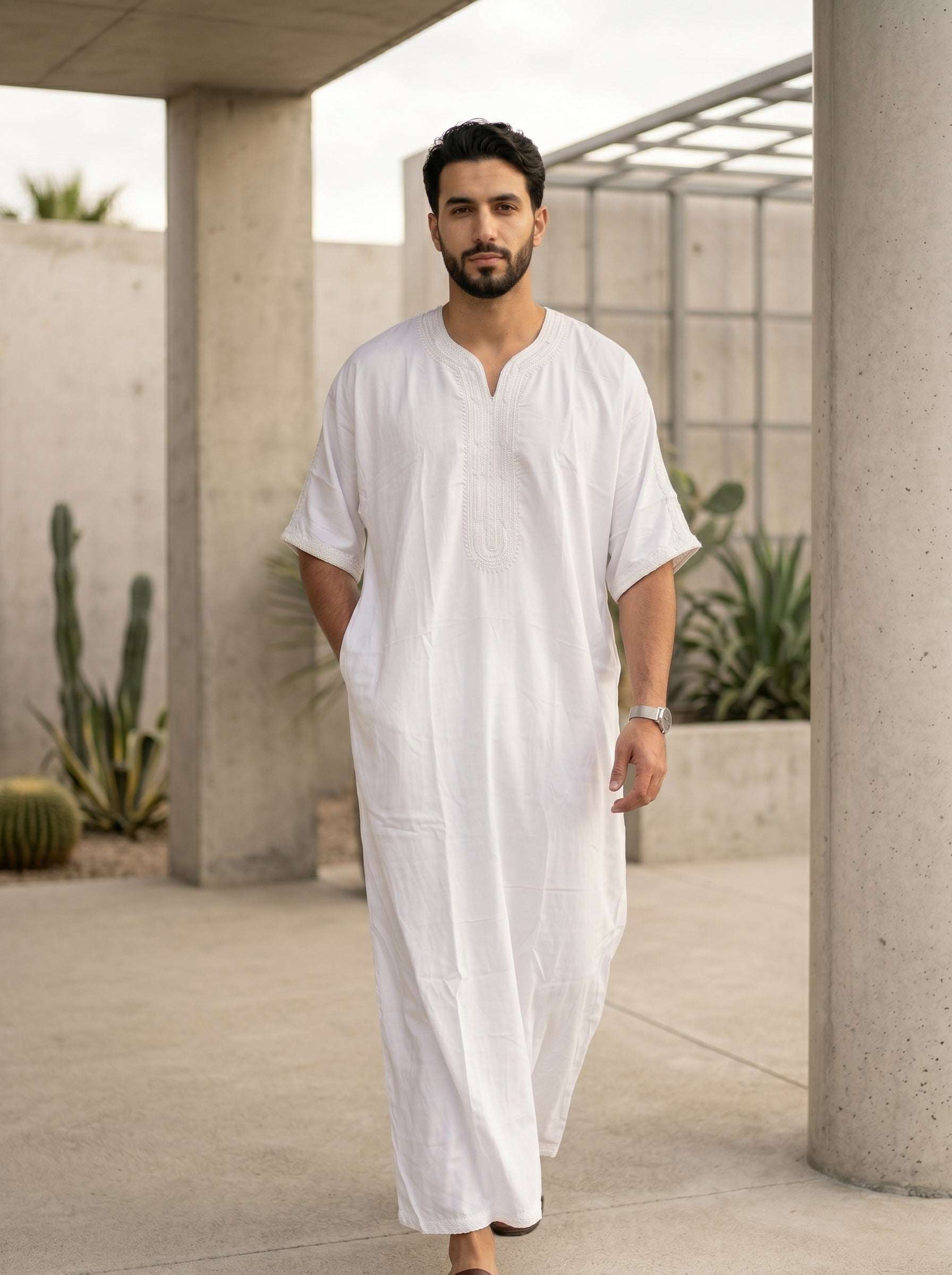 White Moroccan thobe with tone-on-tone embroidery for men, side profile view