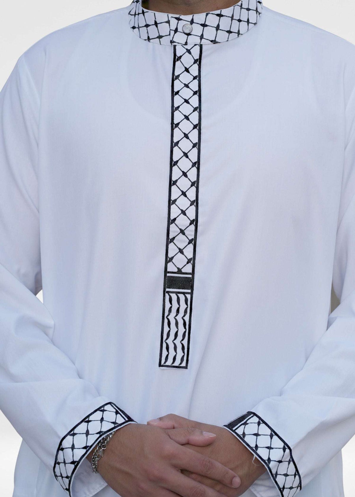 White Palestine embroidered thobe with Kufiya detailing for men, stitched pattern in close detail