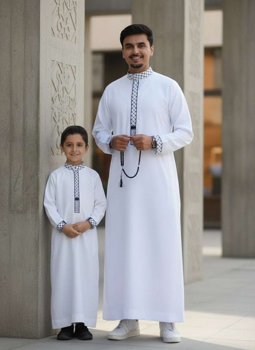White Palestine Kufiya thobe for men and boys, father and son matching set