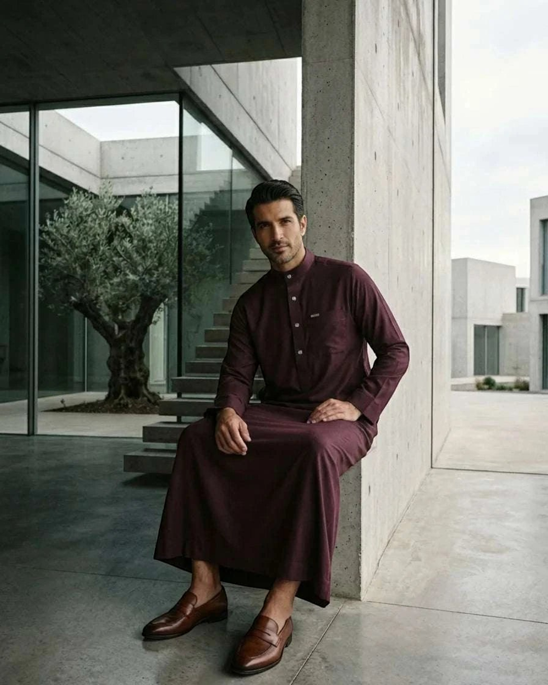 Wine executive thobe with mandarin collar for men, showing the length and sleeve line